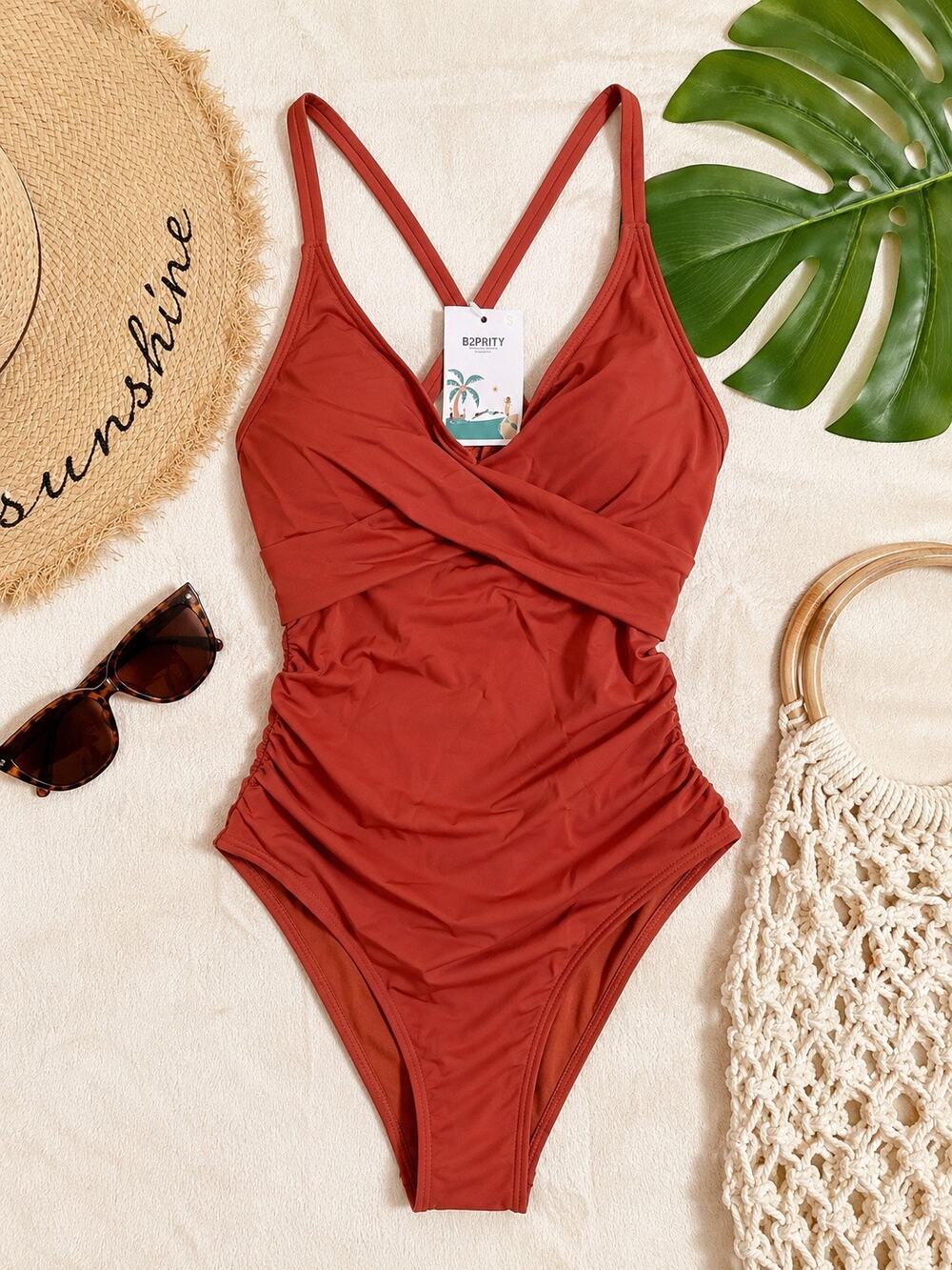 B2PRITY Orange One Piece Swimsuit Small Ruched Criss Cross Back NWT